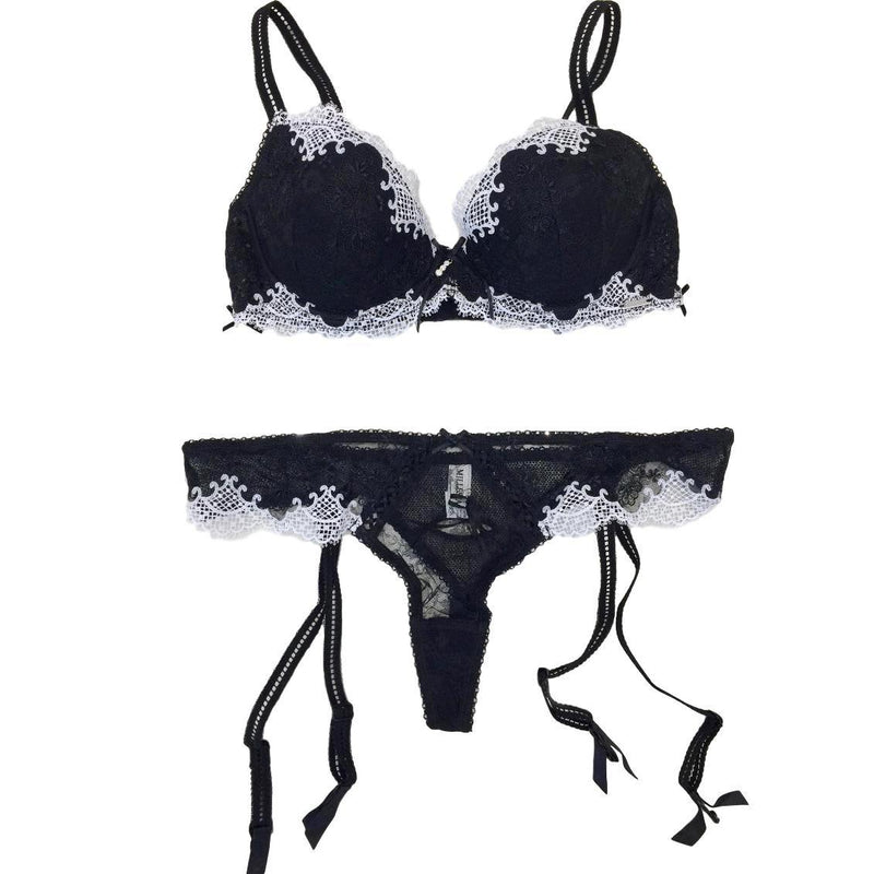 Millesia Black & White Guipure Lace Pad Bra & Suspender Thong Set