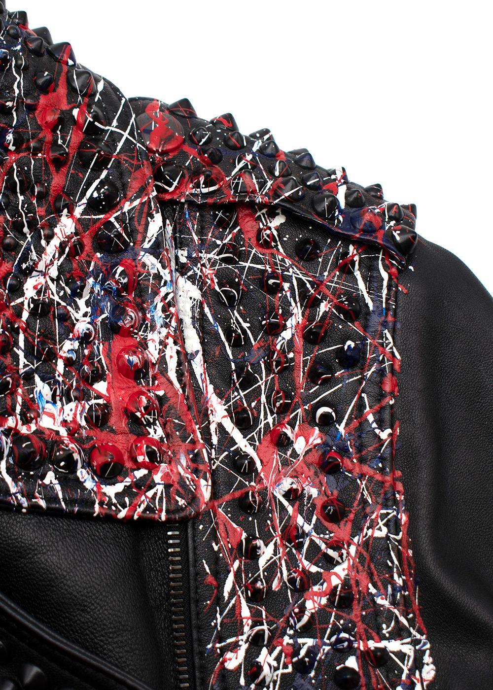 Black Leather Studded Jacket With Paint Splatter Effect