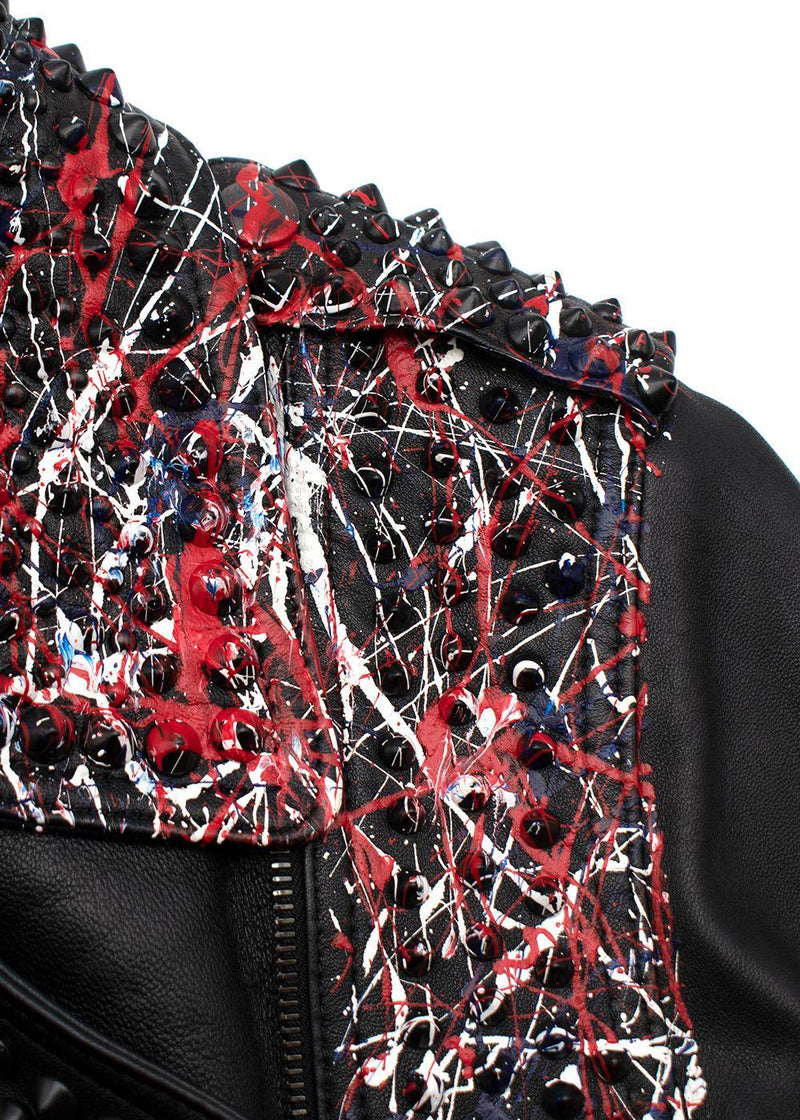 Black Leather Studded Jacket With Paint Splatter Effect