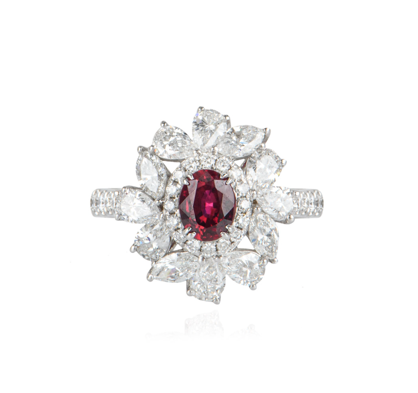 18ct white gold, white diamond & ruby ring 0.87ct 52
