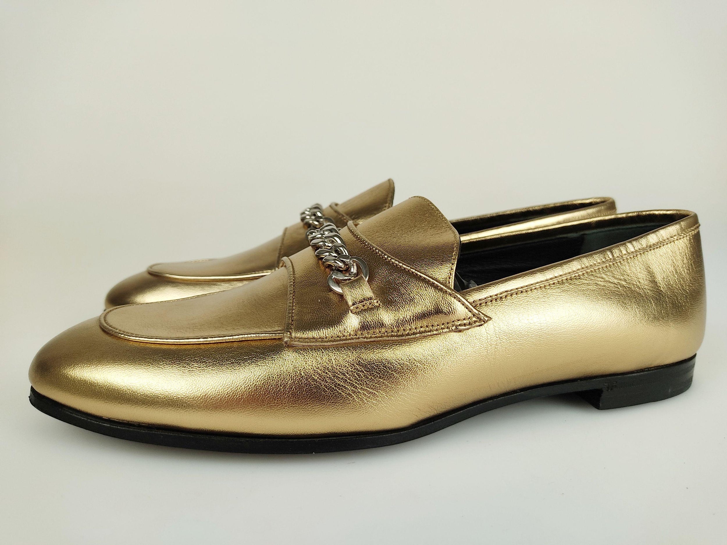 Gold leather chain embellished flat loafers