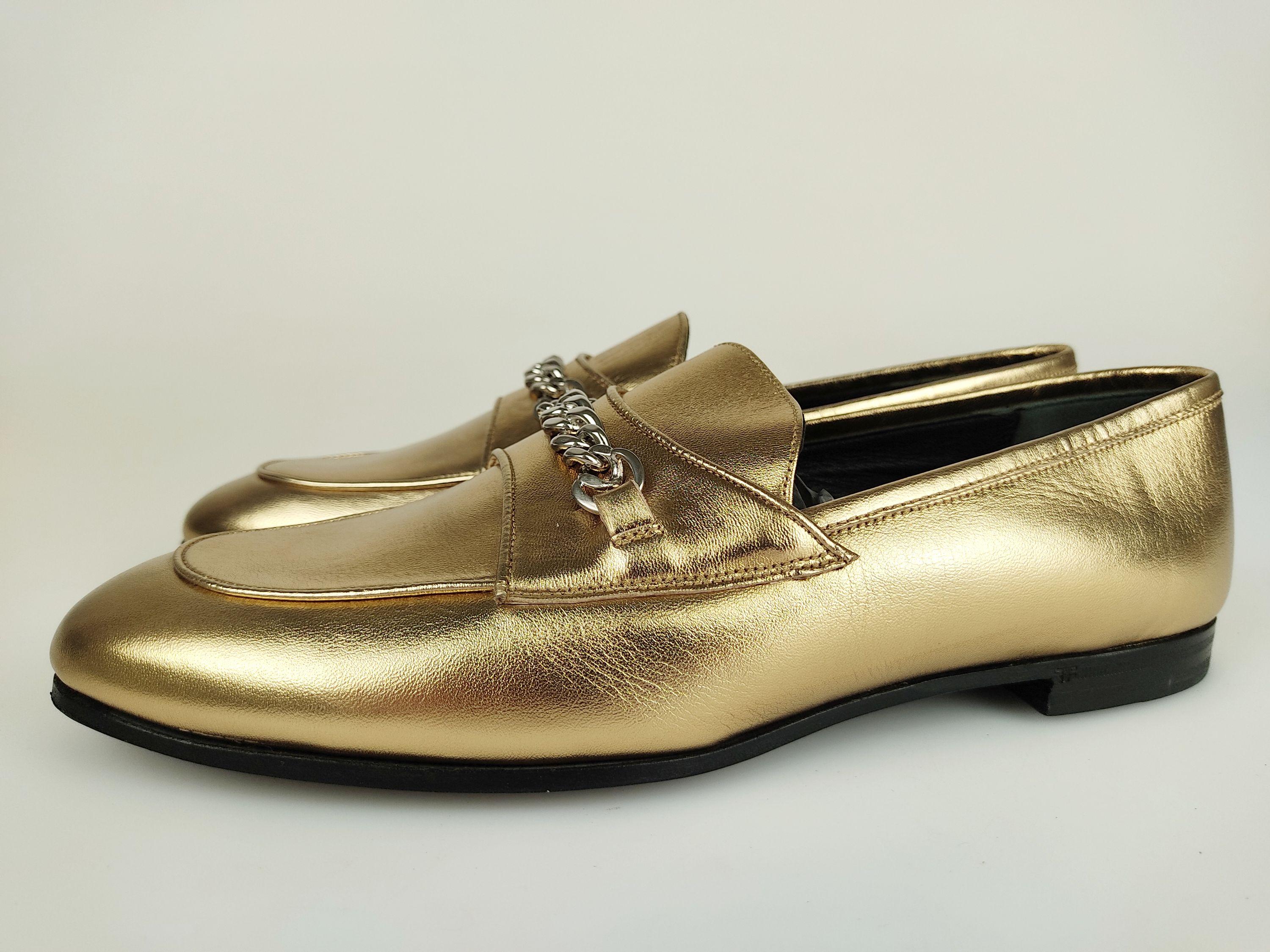 Gold leather chain embellished flat loafers