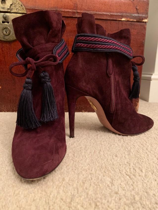 Aquazurra Burgundy Braid Ankle Strap Heeled Booties
