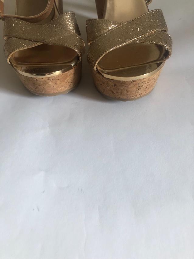 Jimmy Choo Gold Crossover Leather Wedges