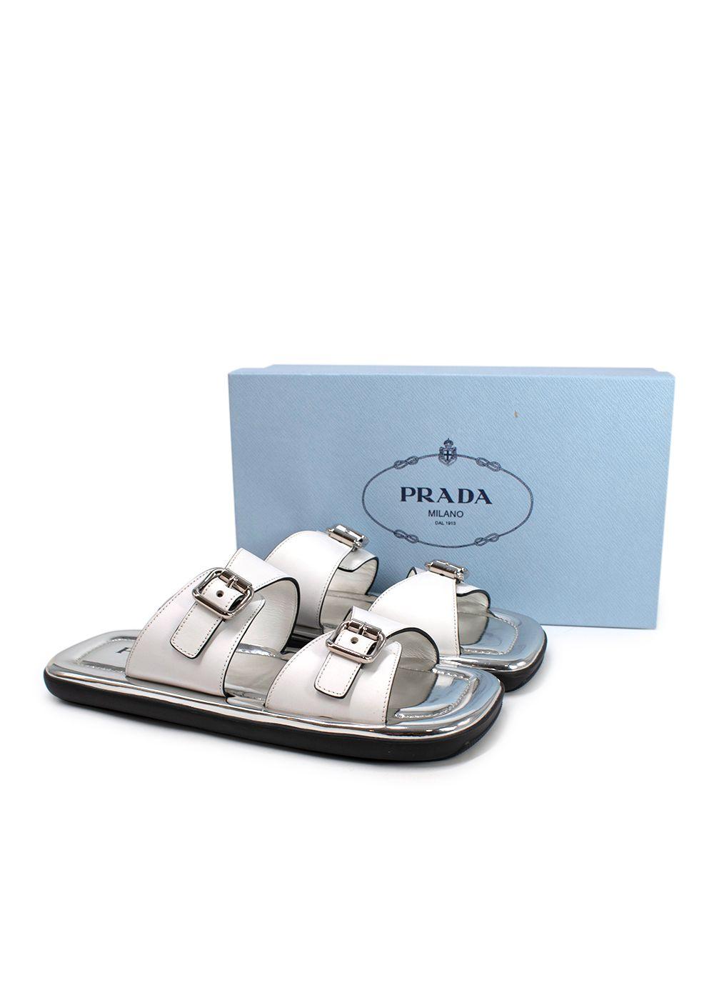 Prada White and Silver Leather Buckle Sandals