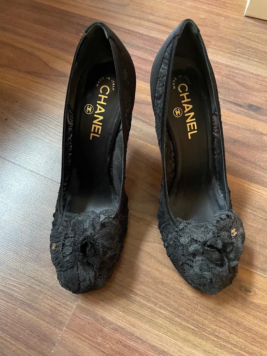 Chanel Black Lace Camellia Applique Pumps