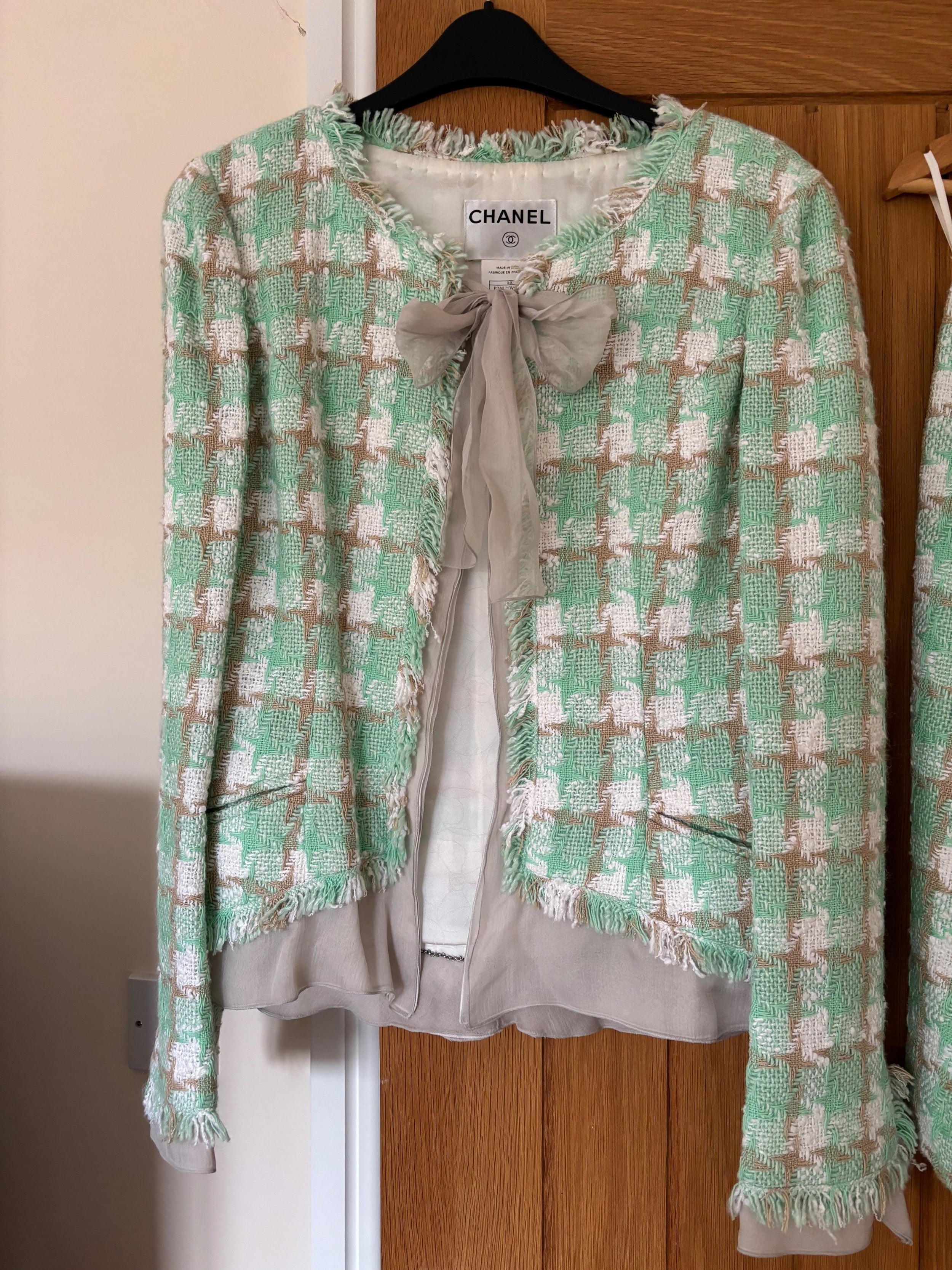 Chanel Green Tweed Jacket and Skirt Set