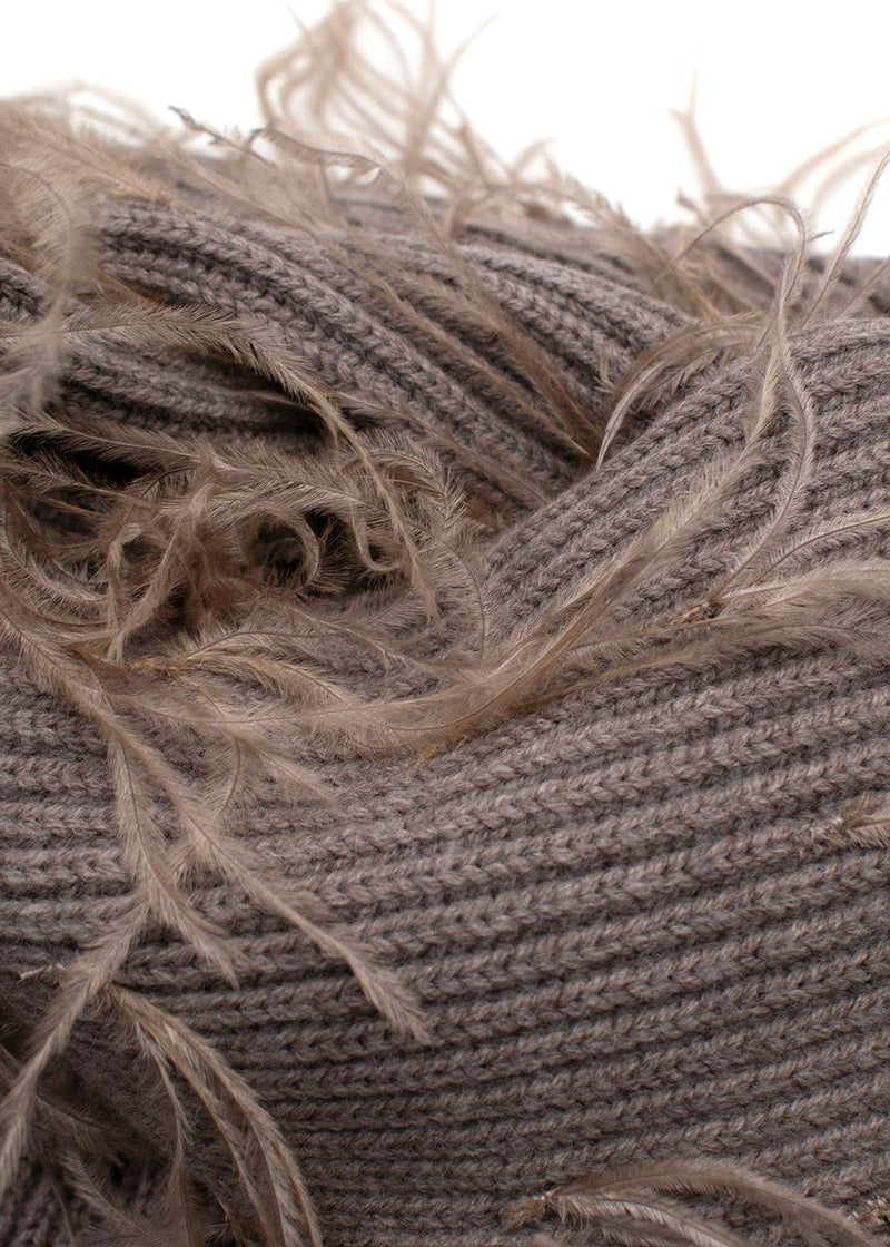 Tanya Taylor Mouse Brown Ostrich Feather Detailing Wool Scarf