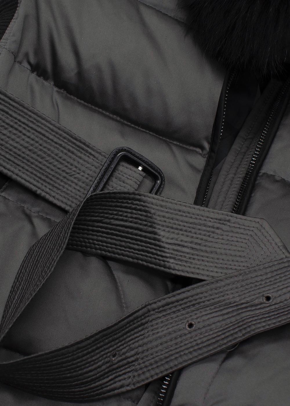 Burberry Grey Belted Puffer Coat with Faux Fur Trim