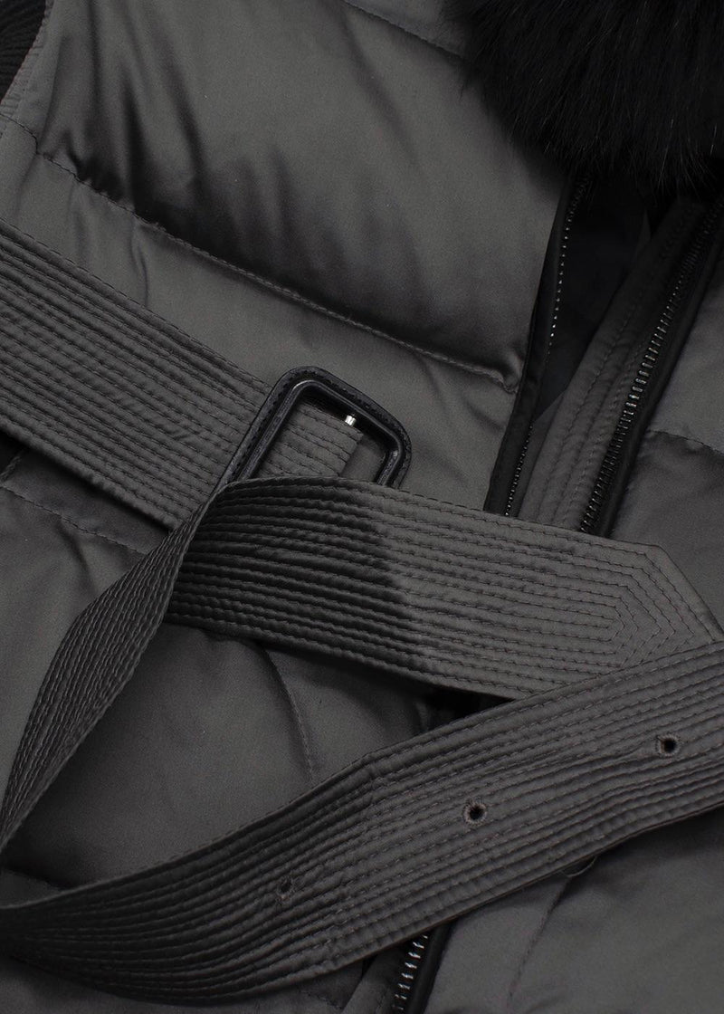 Burberry Grey Belted Puffer Coat with Faux Fur Trim