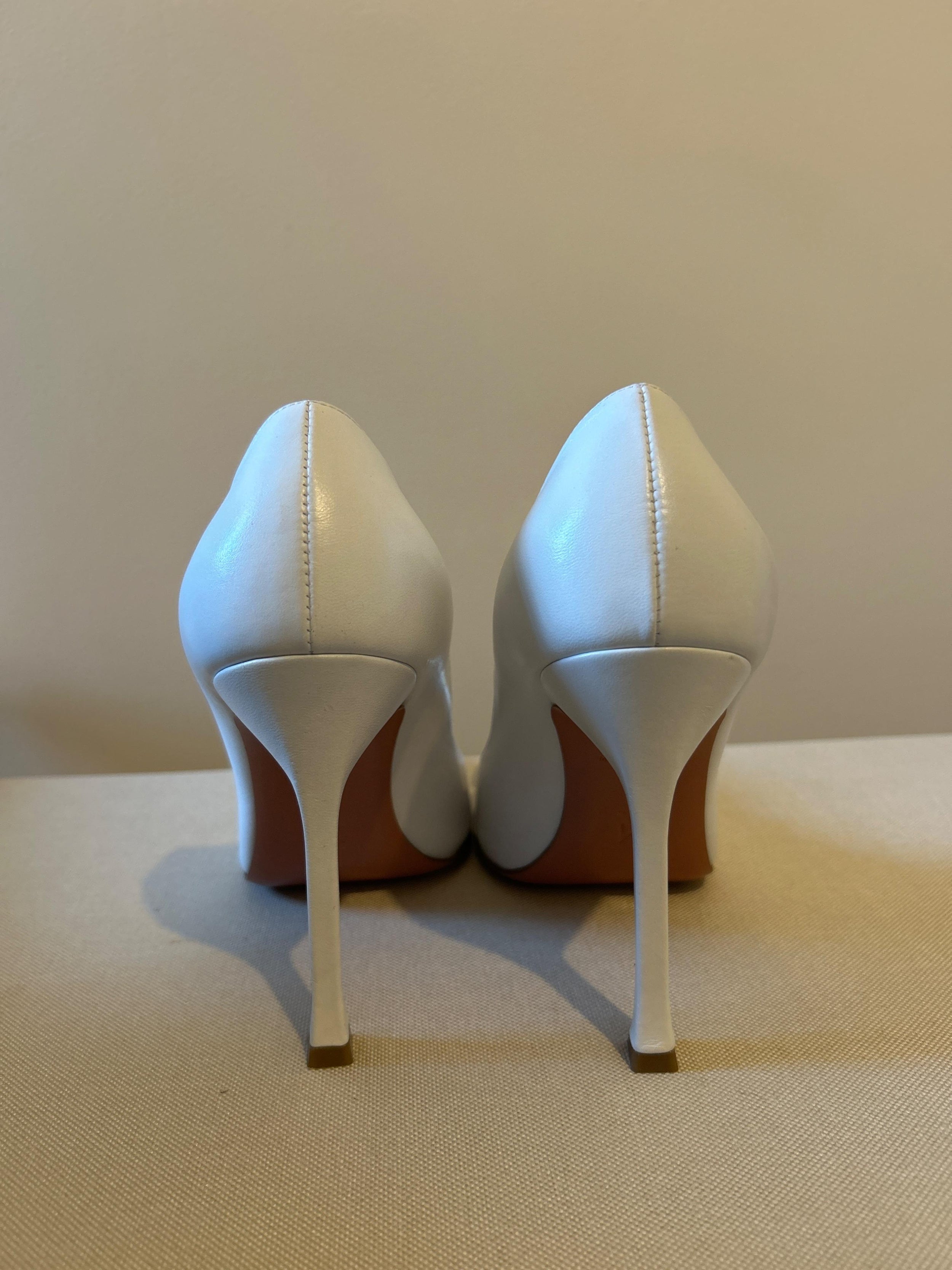 Amina Muaddi White Leather Camelia Pumps