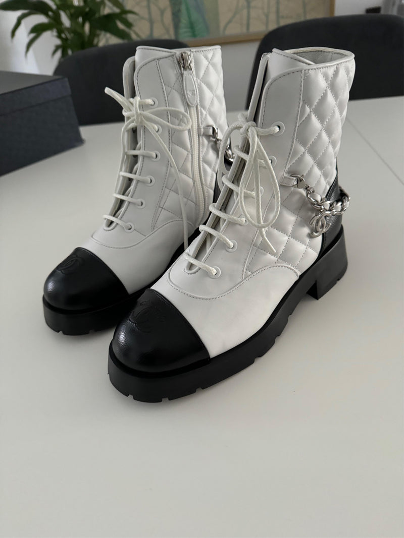 Chanel Quilted Leather Lace Up Boots