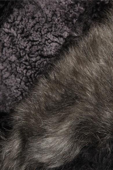 Donna Karan Leather Trimmed Patchwork Shearling Coat
