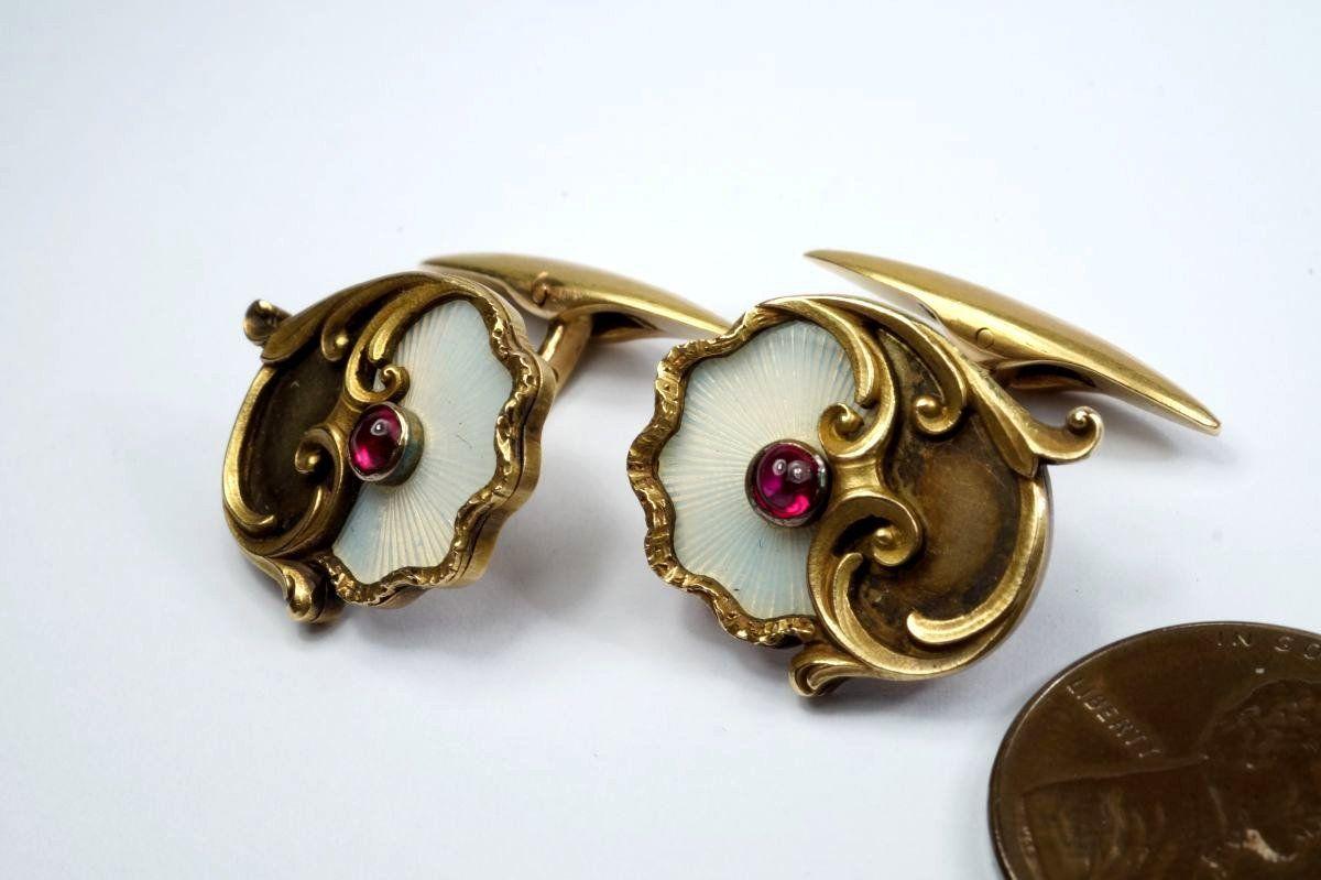 14k Gold Art Nouveau Antique Russian Ruby Cufflinks