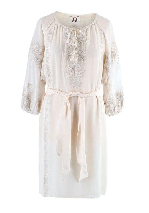 Figue Cream Silk Embroidered Belted Dress