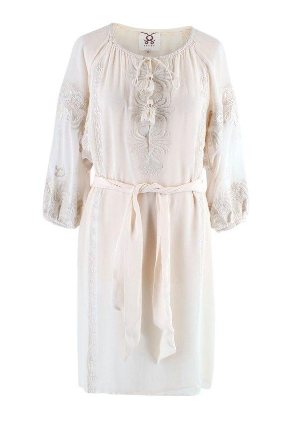 Figue Cream Silk Embroidered Belted Dress