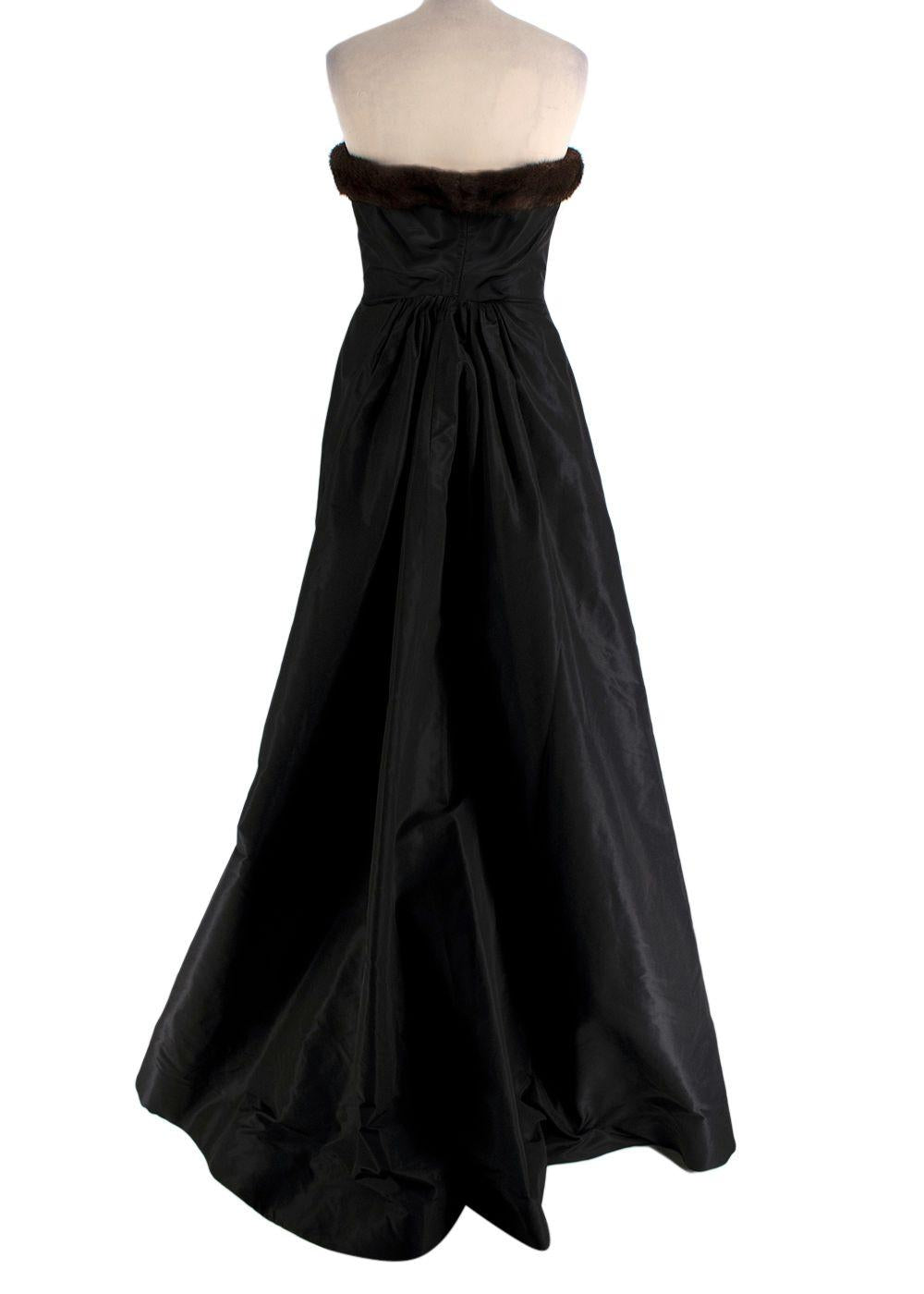 Oscar de la Renta Black Nylon Strapless Gown with Mink Trim