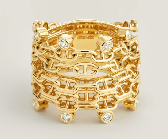 Hermés Yellow Gold Chaine D'Ancre Calypso Ring Set with Diamonds Size 53