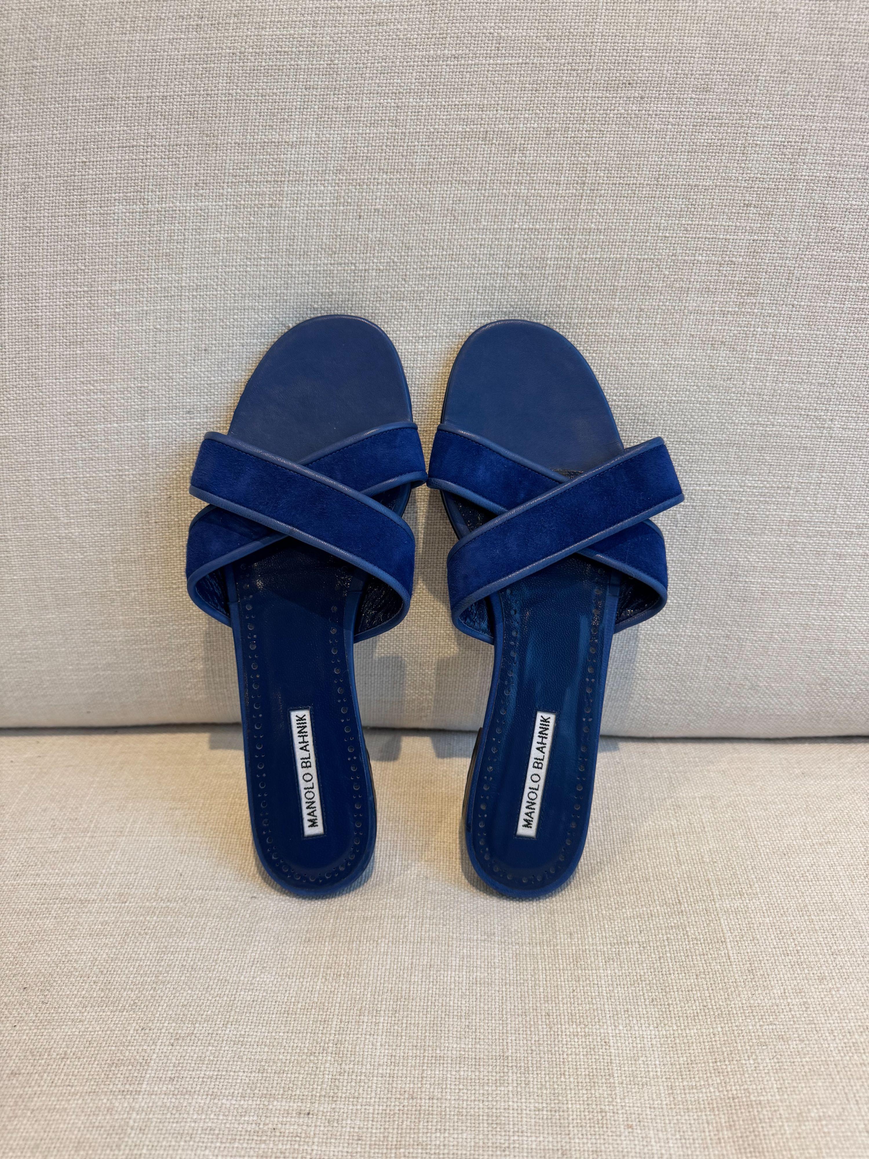 Manolo Blahnik Blue Suede Flat Sandals