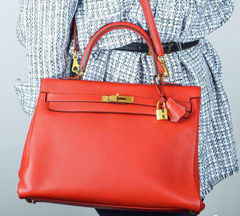 Hermes Kelly 35cm in Rogue Tomate Clemence Leather with Gold Hardware