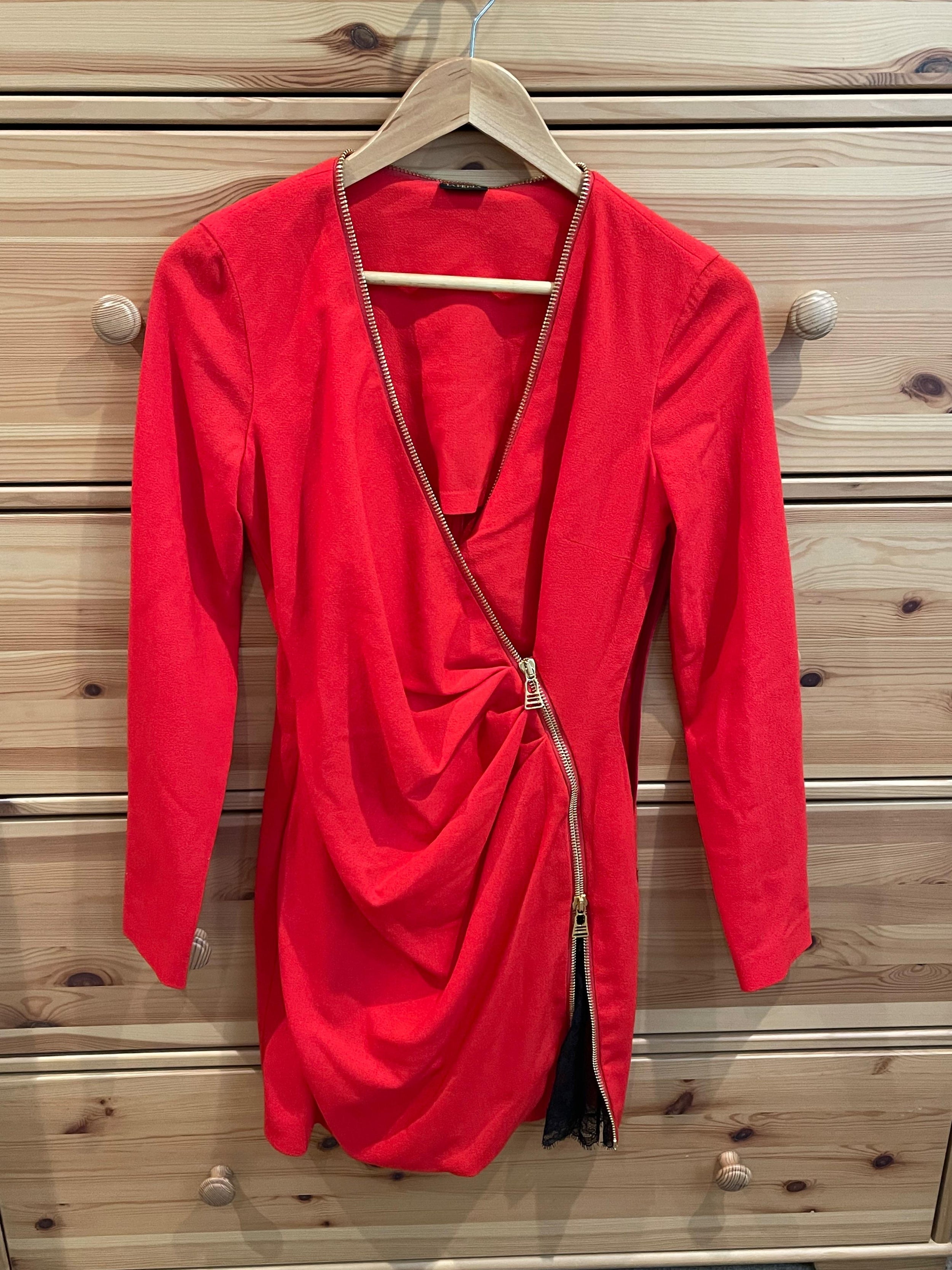 Red crepe &  black lace cocktail dress