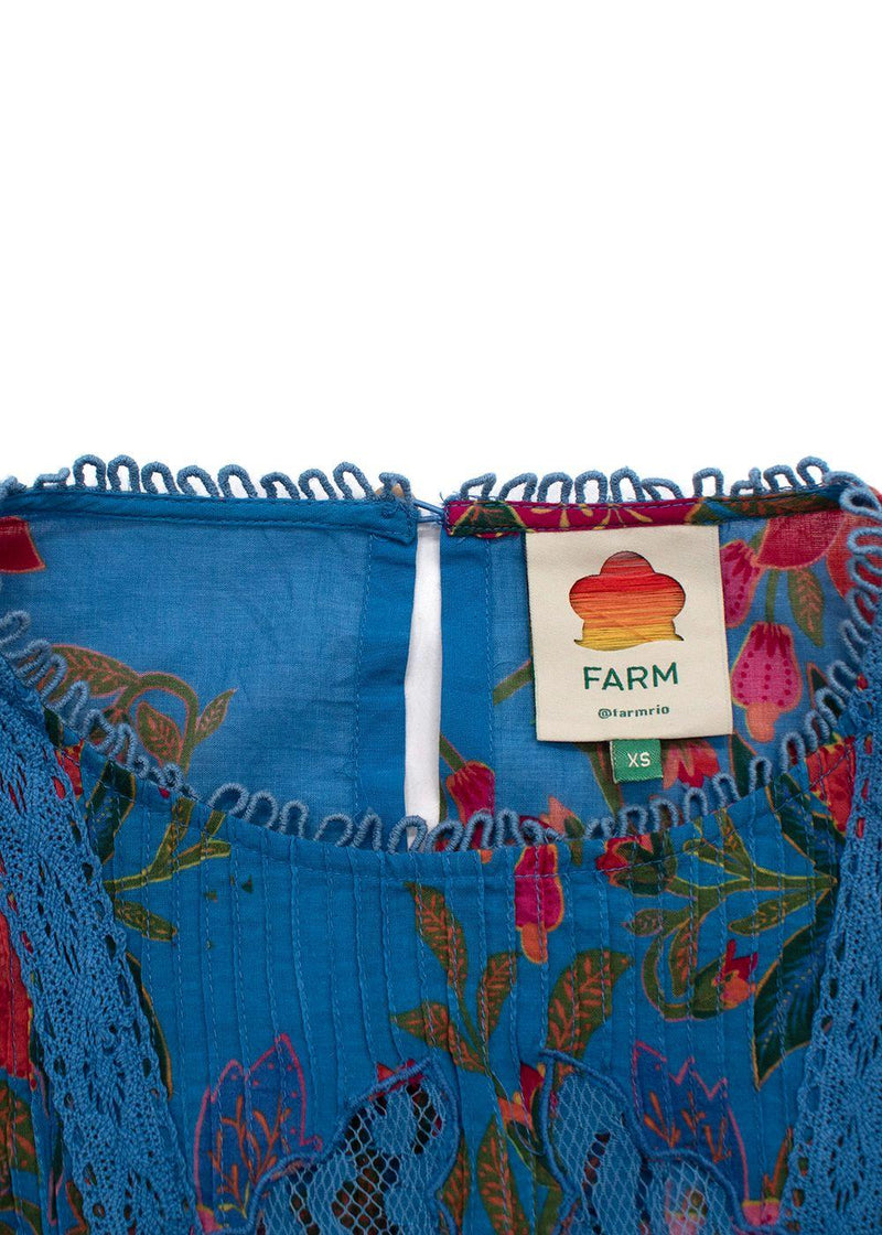 Farm Rio Blue Printed Lace Detail Blouse