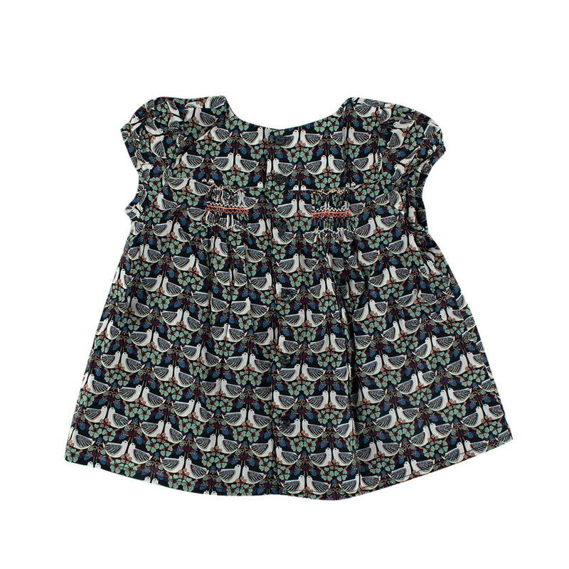 Turtledove Print Black Cotton Smocked Blouse