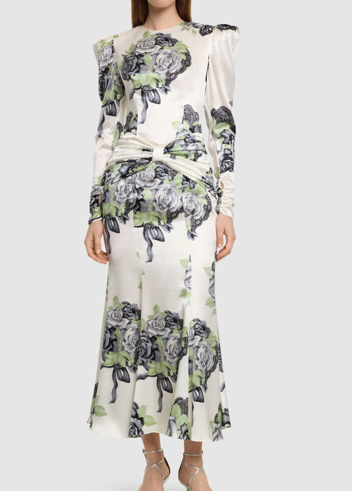 Alessandra Rich Silk Satin Rose Print Midi Dress