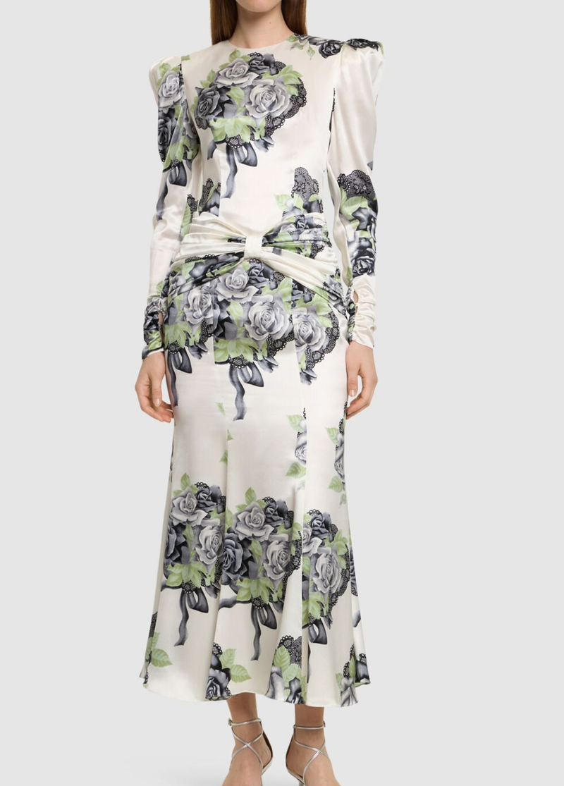 Alessandra Rich Silk Satin Rose Print Midi Dress