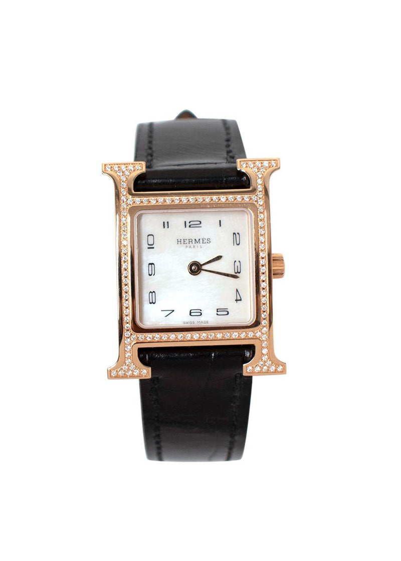 Hermes Black Alligator and Diamond Heure H Watch with Rose Gold Hardware