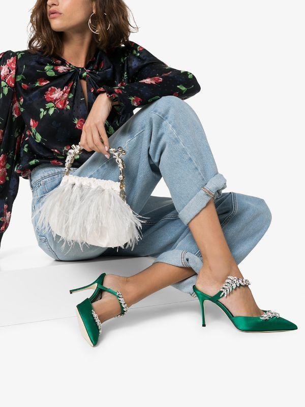 Manolo Blahnik Embellished Green Satin Mules