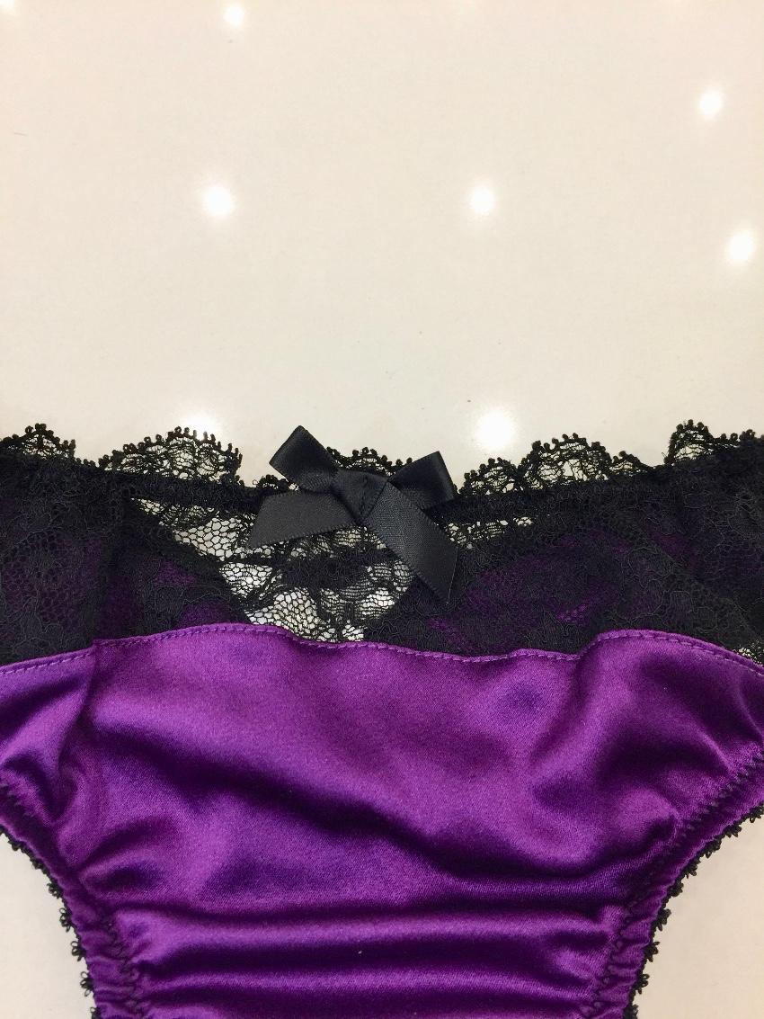 Lucile Purple Silk & Black Leavers Lace Underwired Bra & Thong Set