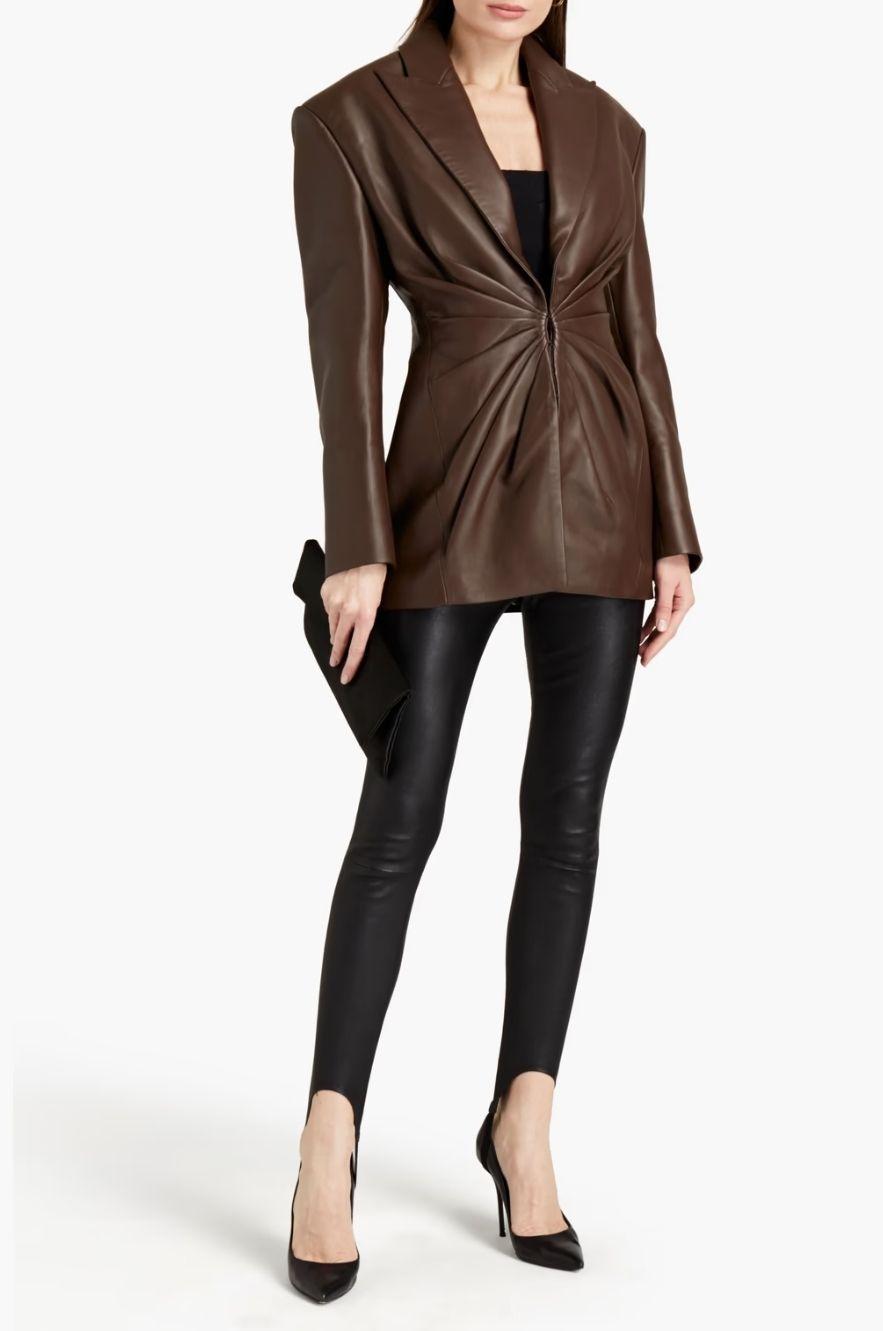 Balmain Brown Ruched Leather Blazer