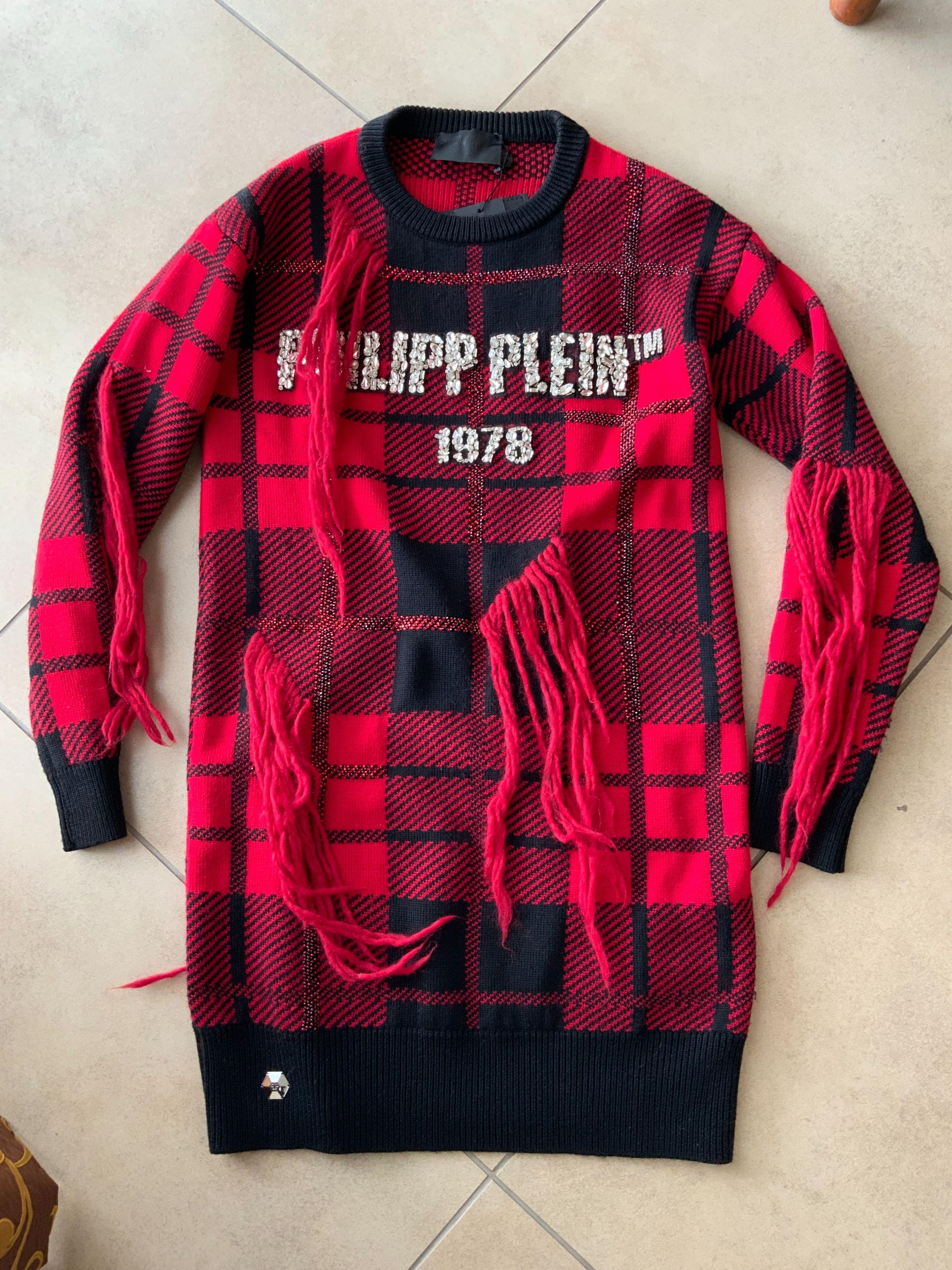 Red & Black Plaid Knit Crystal Embellished Sweater Dress
