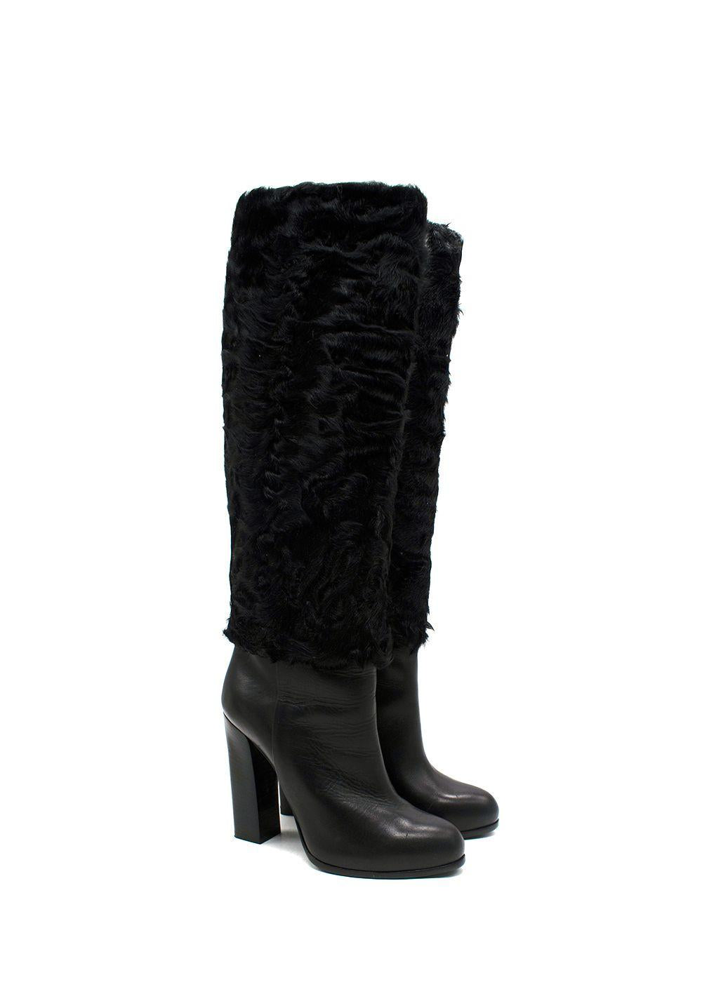 Dior Black Knee High Leather Boots with Fur Detail