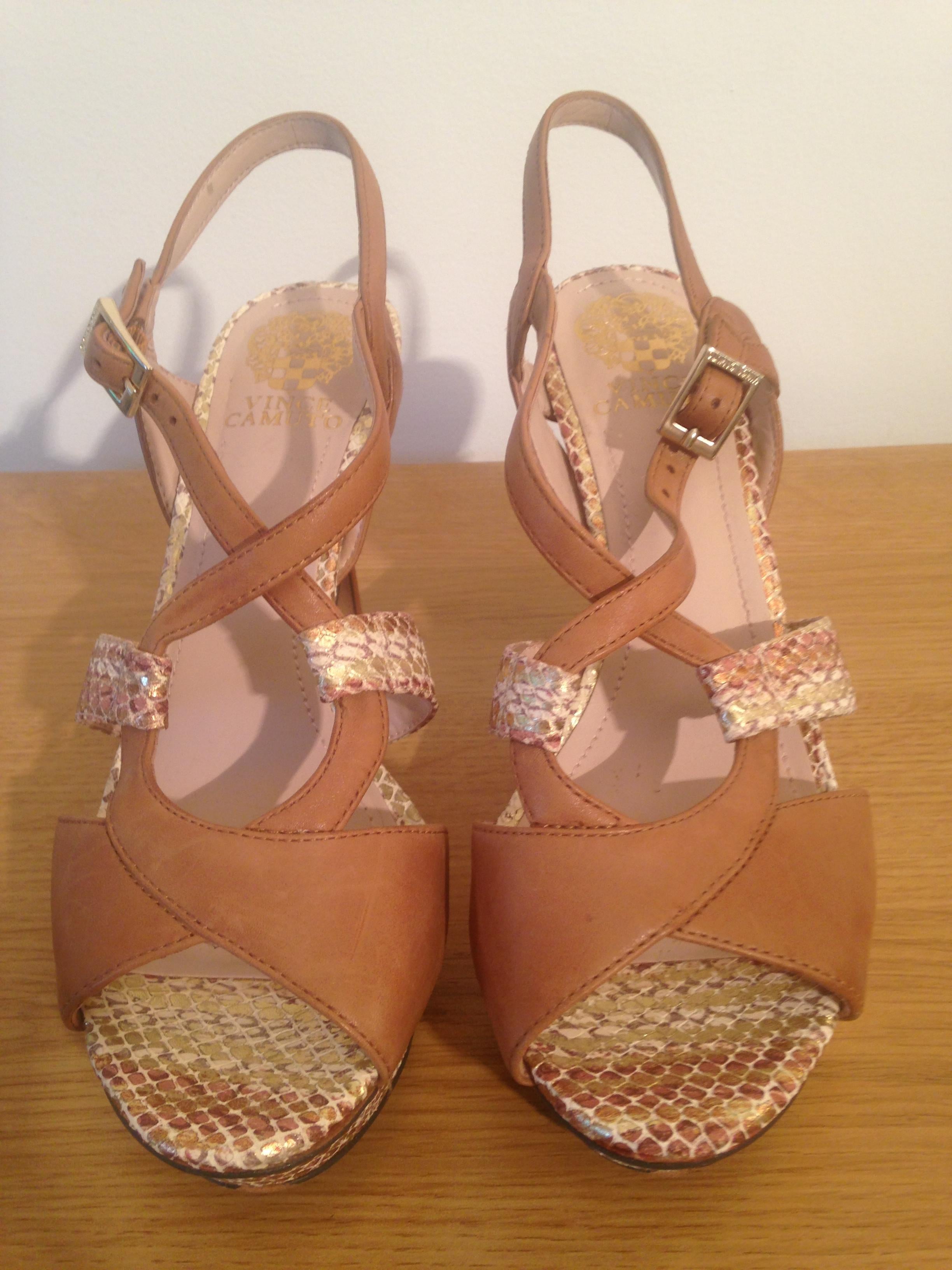 Vince Camuto tan leather high heels with snakeskin detail