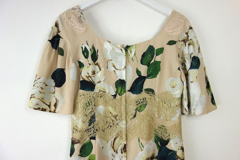Dolce & Gabbana Beige Floral Print Lace Panelled Shift Dress