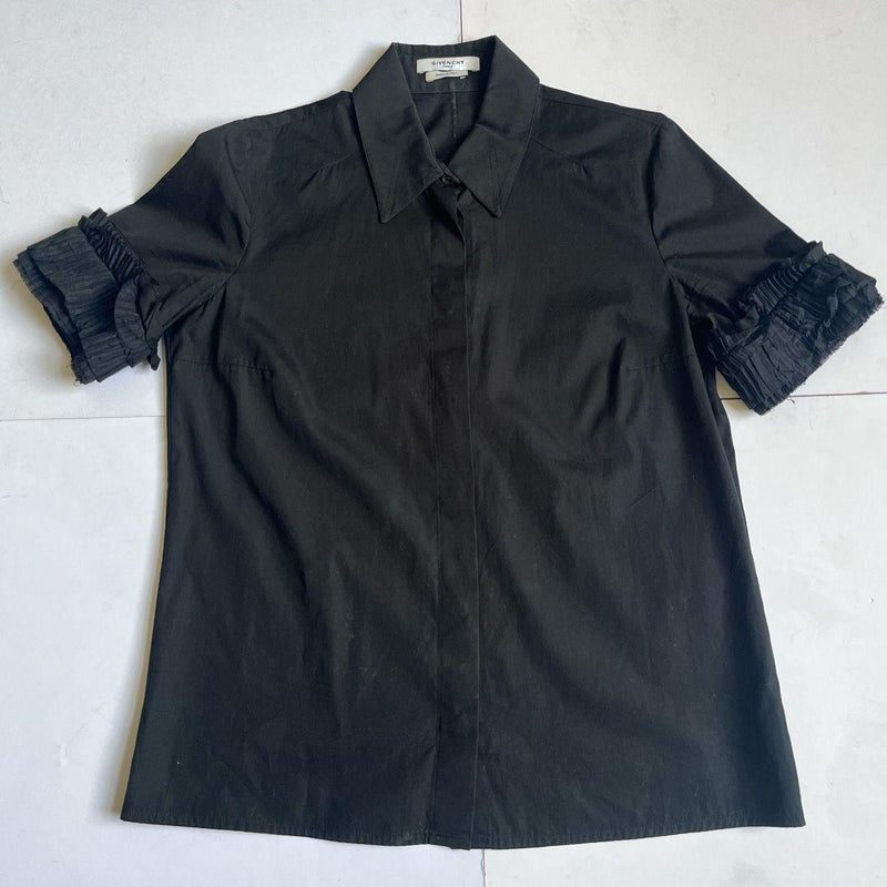 Black cotton ruffle-sleeve shirt