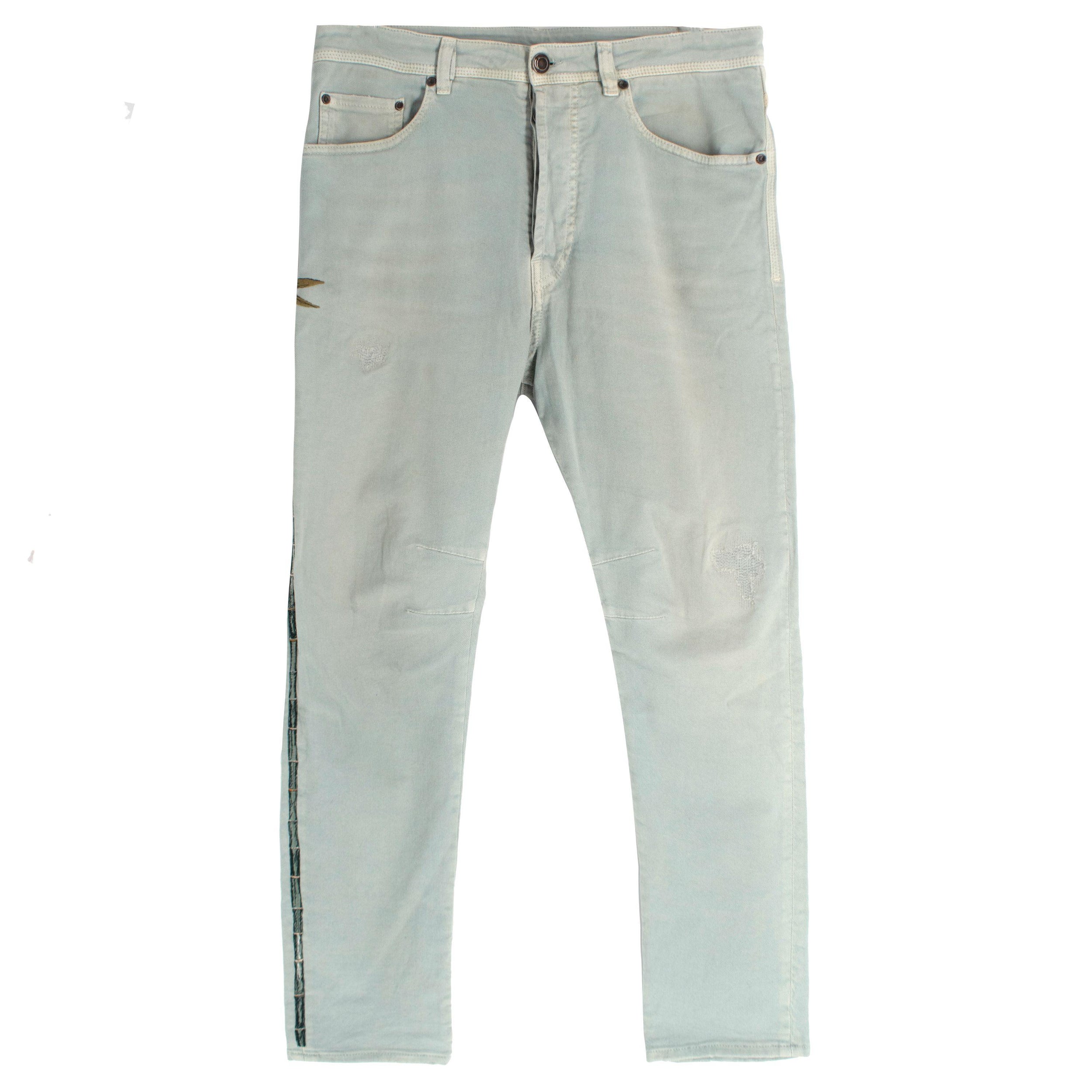 Etro Washed Blue Palm Tree Embroidered Jeans