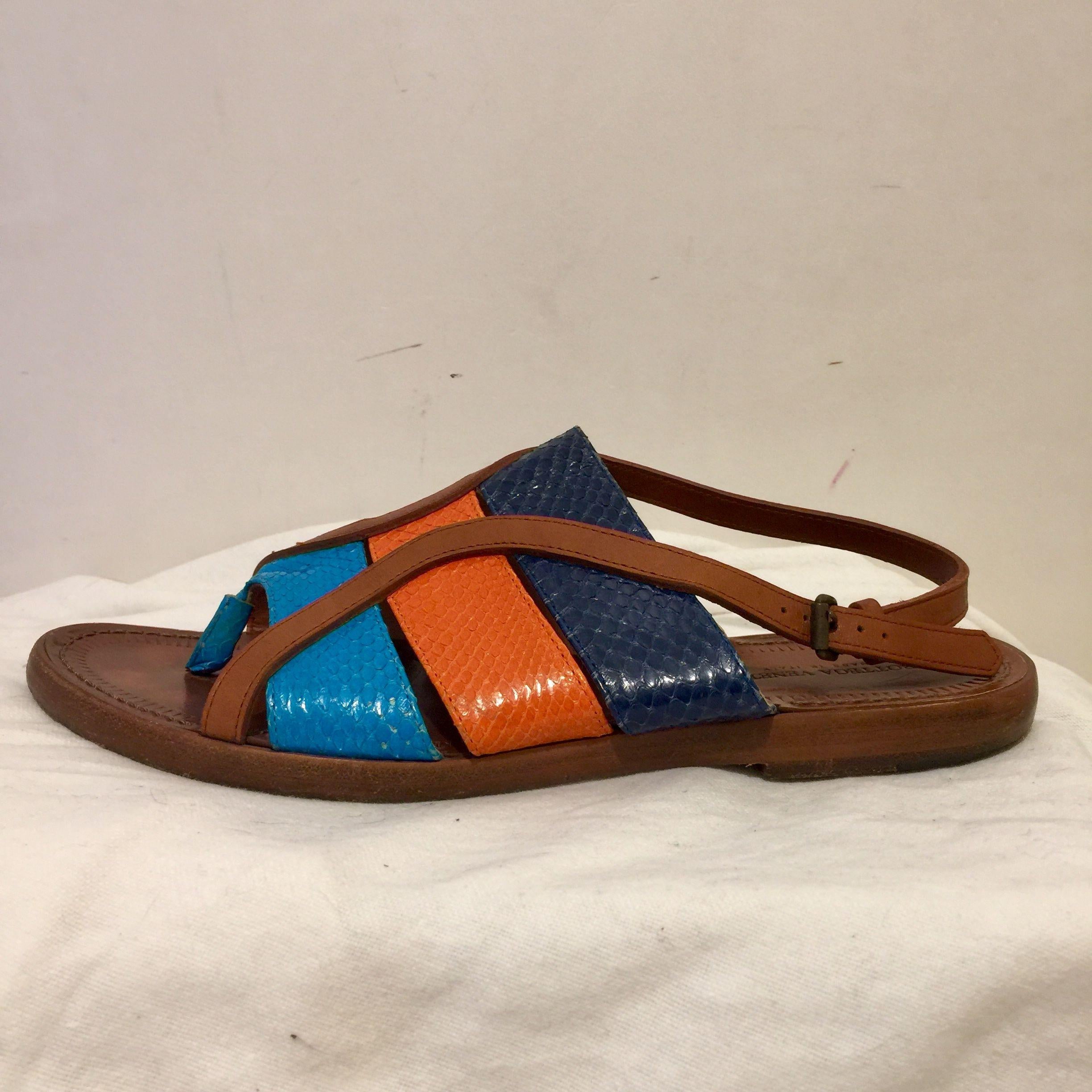Tricolour snakeskin & tan leather sandals