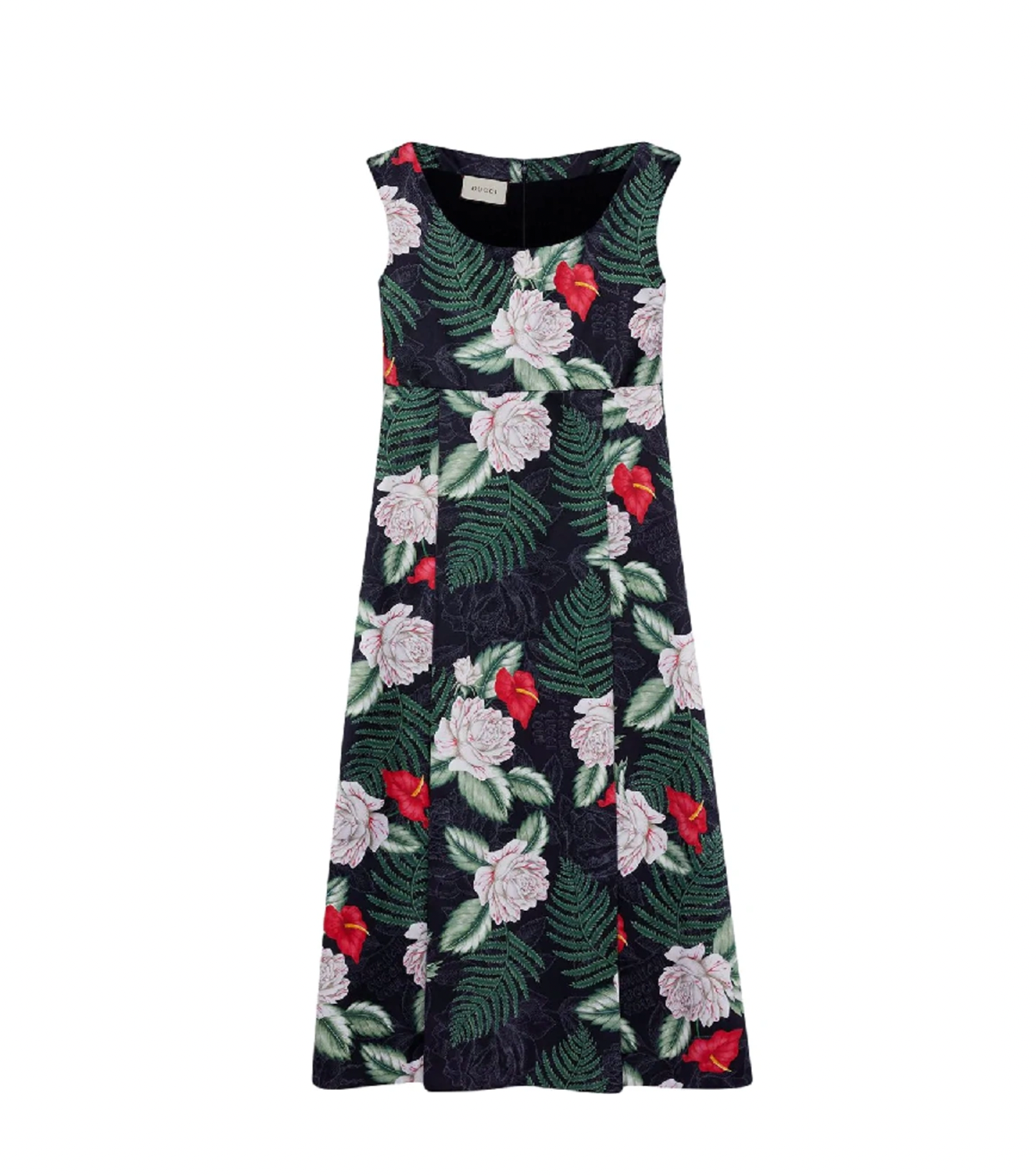 Hawaiin Printed Black Silk Sleeveless Dress