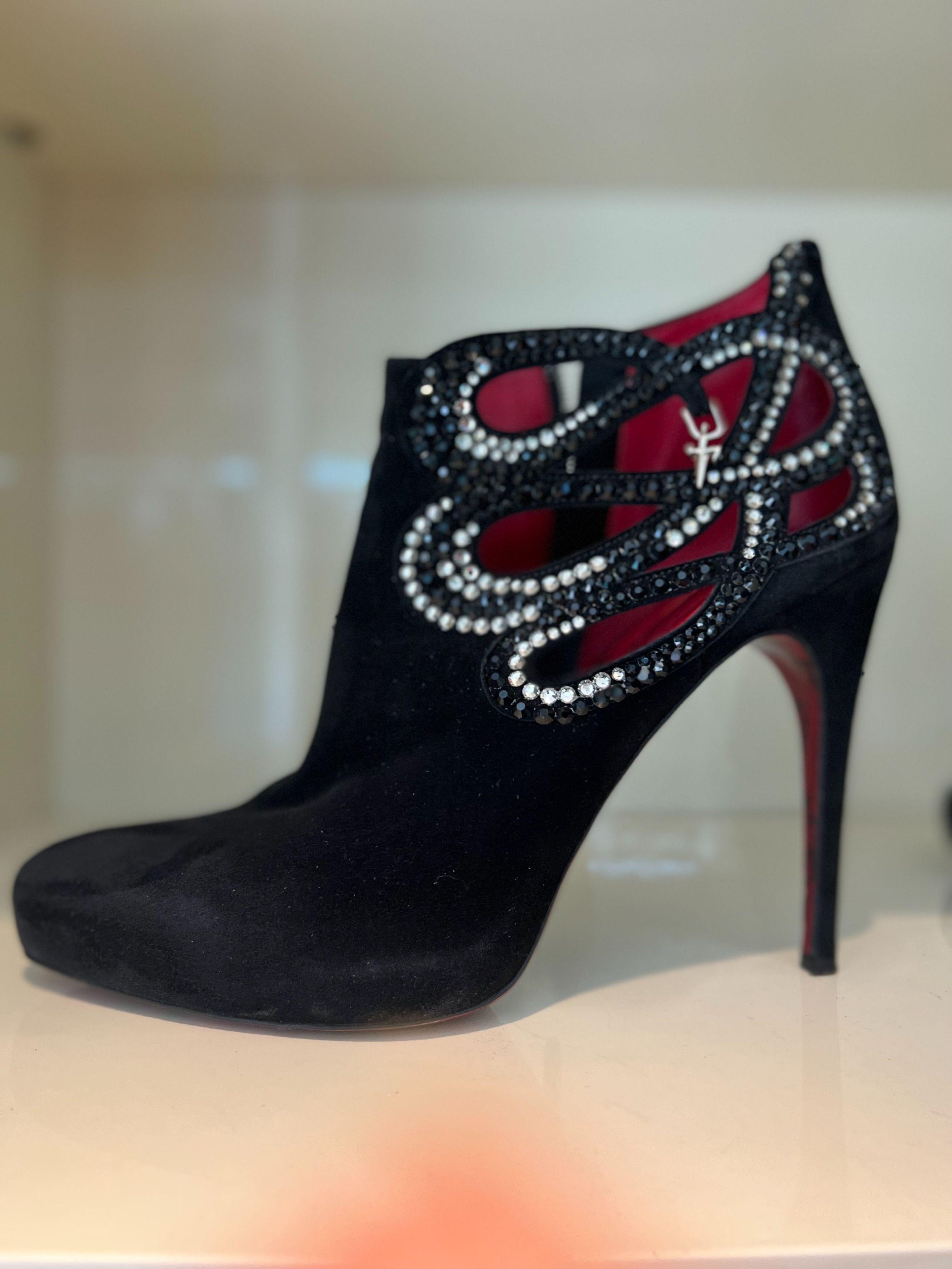 Crystal Embellished Suede Cut-Out Ankle Boots