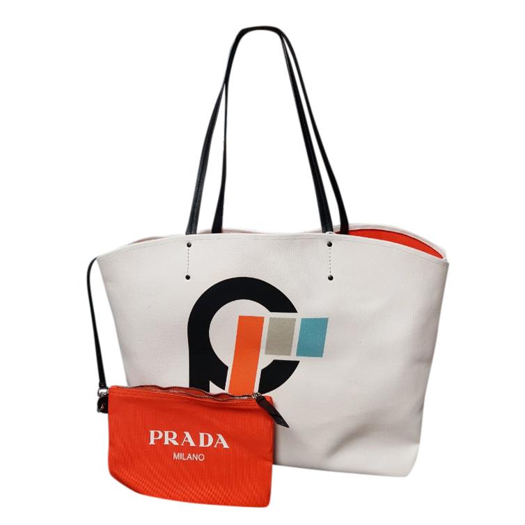 Prada White Printed Canapa Tote Bag