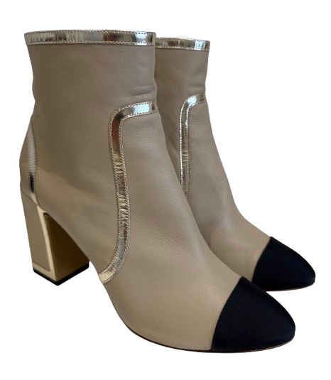 Beige Leather Heeled Boots with Silver Trim