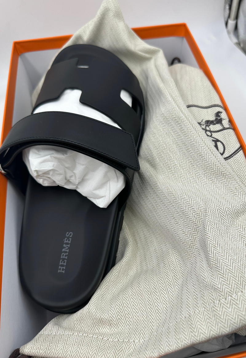 Hermes Black Leather Chypre Sandals