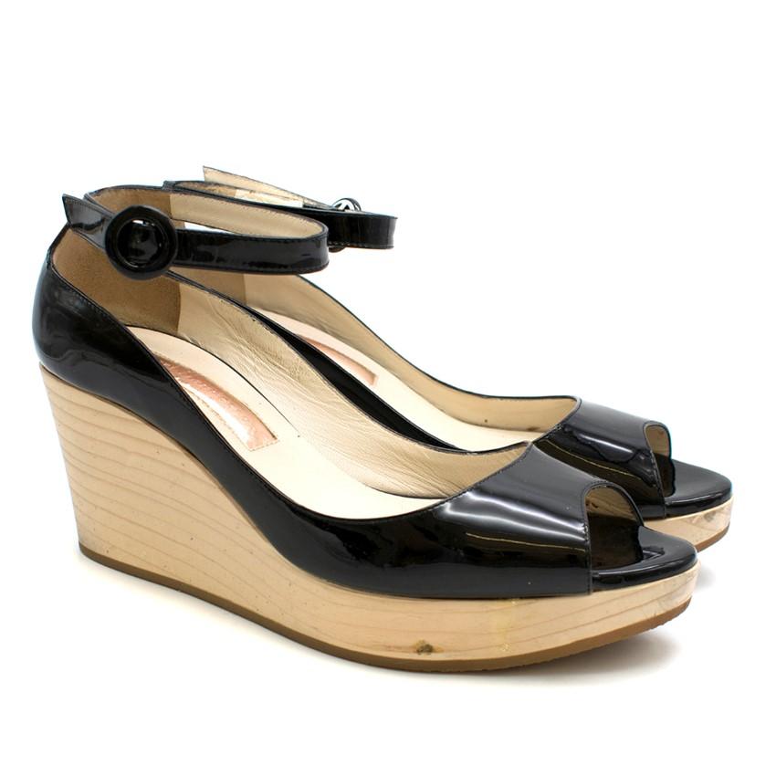 Rupert Sanderson Black Patent Leather Peep-Toe Wooden Wedges