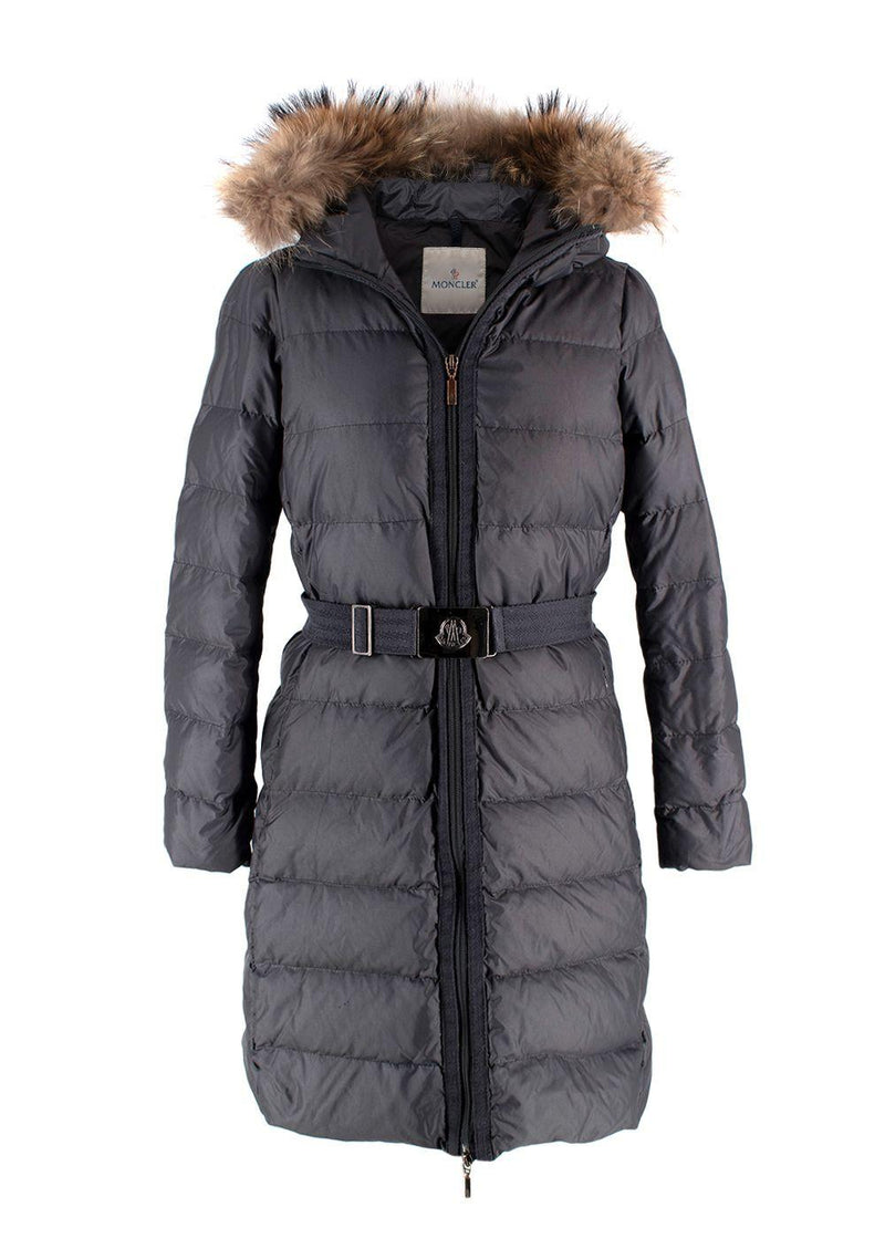 Moncler Grey Longline Nantes Puffer with Racoon Fur Hood