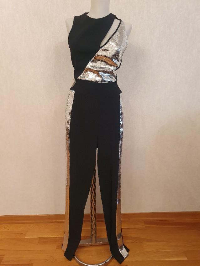 David Koma Silver Sequin Panelled Black Crepe Pants & Top