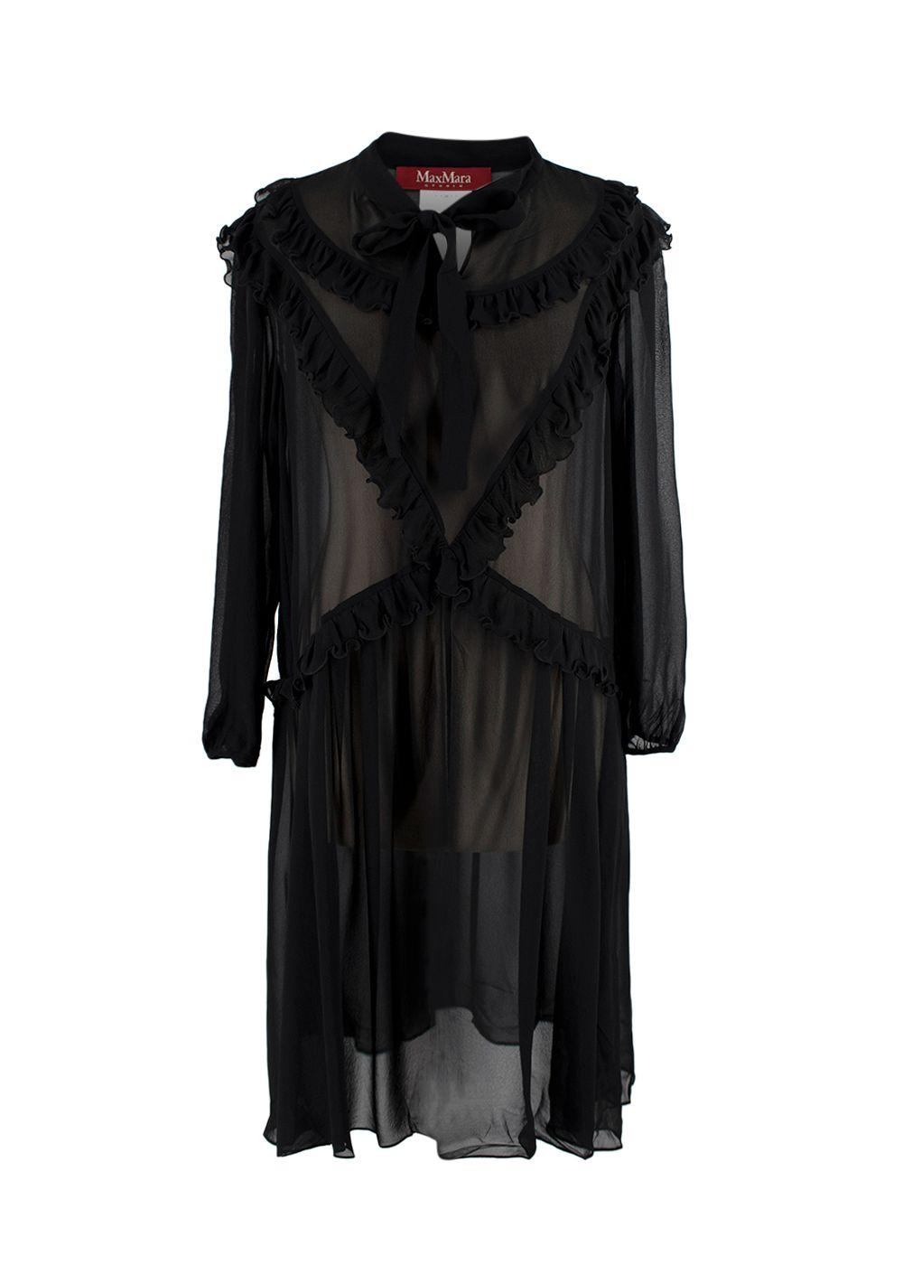 MaxMara Black Sheer Ruffled Silk Midi Dress