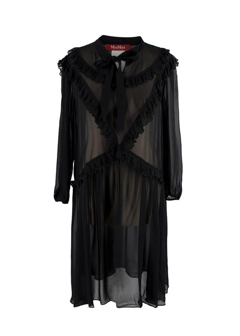 MaxMara Black Sheer Ruffled Silk Midi Dress